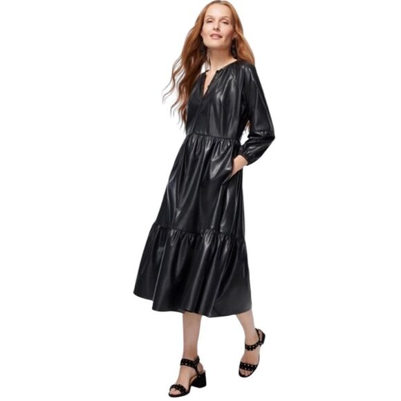 Chico's Pleather Tiered Midi Dress Black Size 14 New - Picture 1 of 8